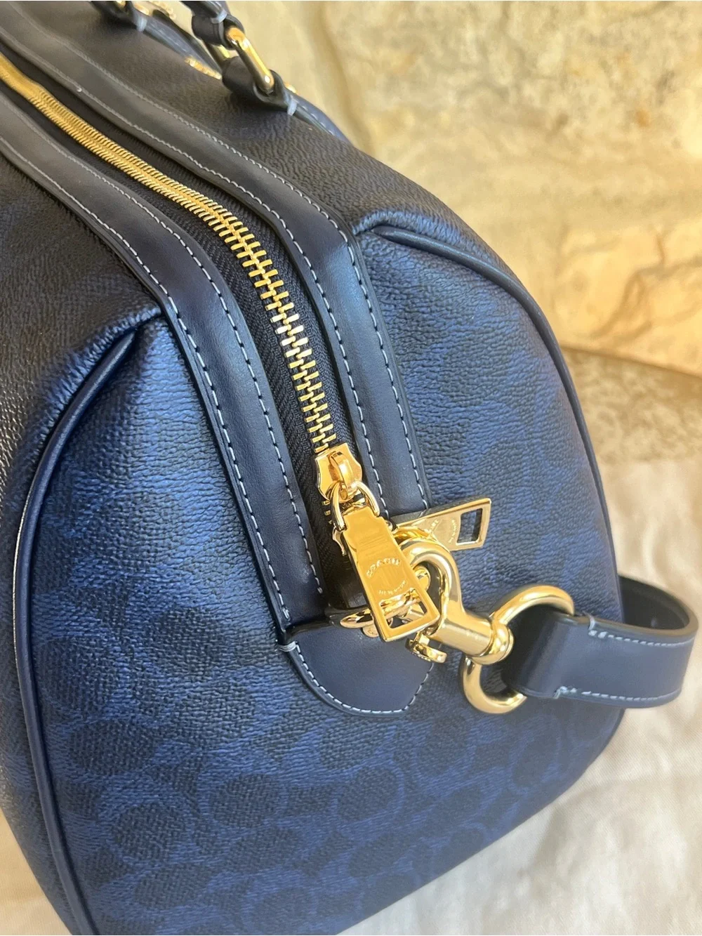 Coach Navy Signature Duffel Bag with Gold Hardware